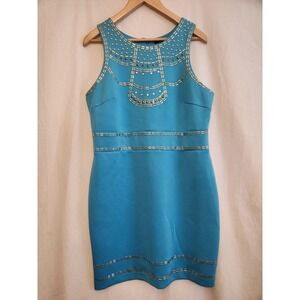 Thalia Sodi Dress Womens Large Blue Studded High Neck Sleeveless Sheath Party